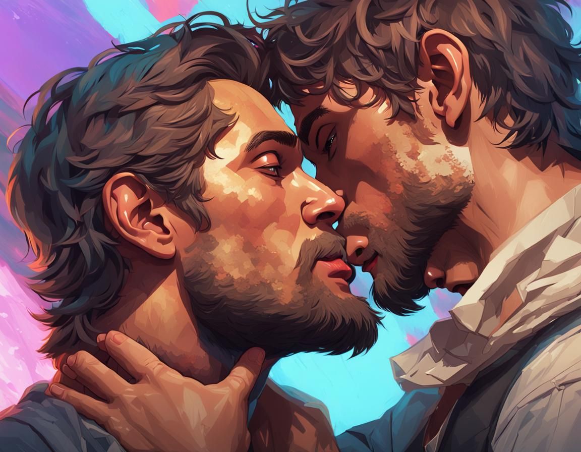 Portrait of Two Men Kissing in Hyperdetailed Art