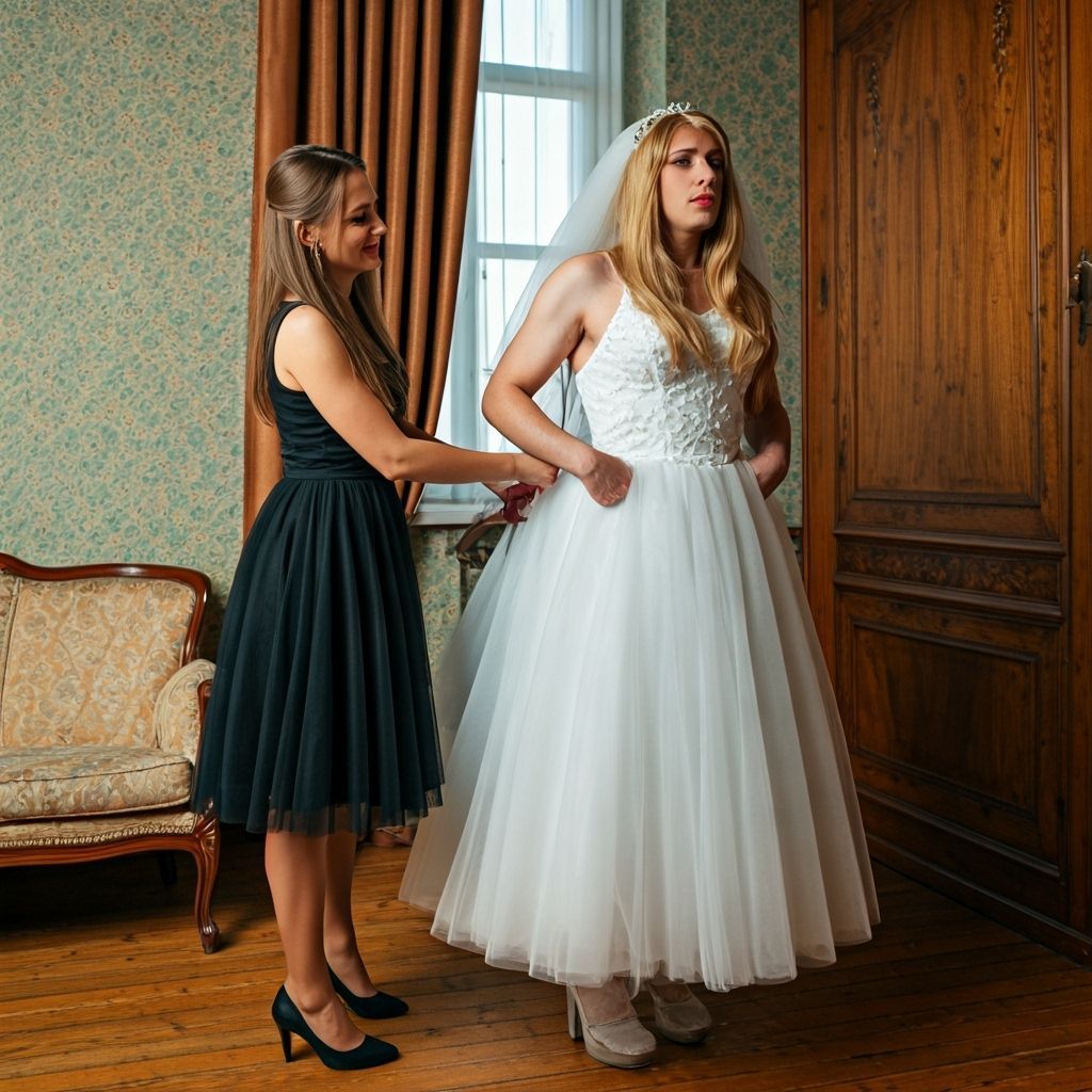 Woman Zips Dress on Embarrassed Crossdresser in Old Living R...