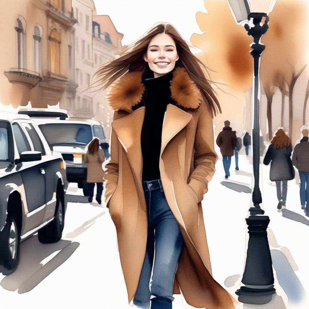 Stylish Woman in Camel Coat: Watercolor Illustration