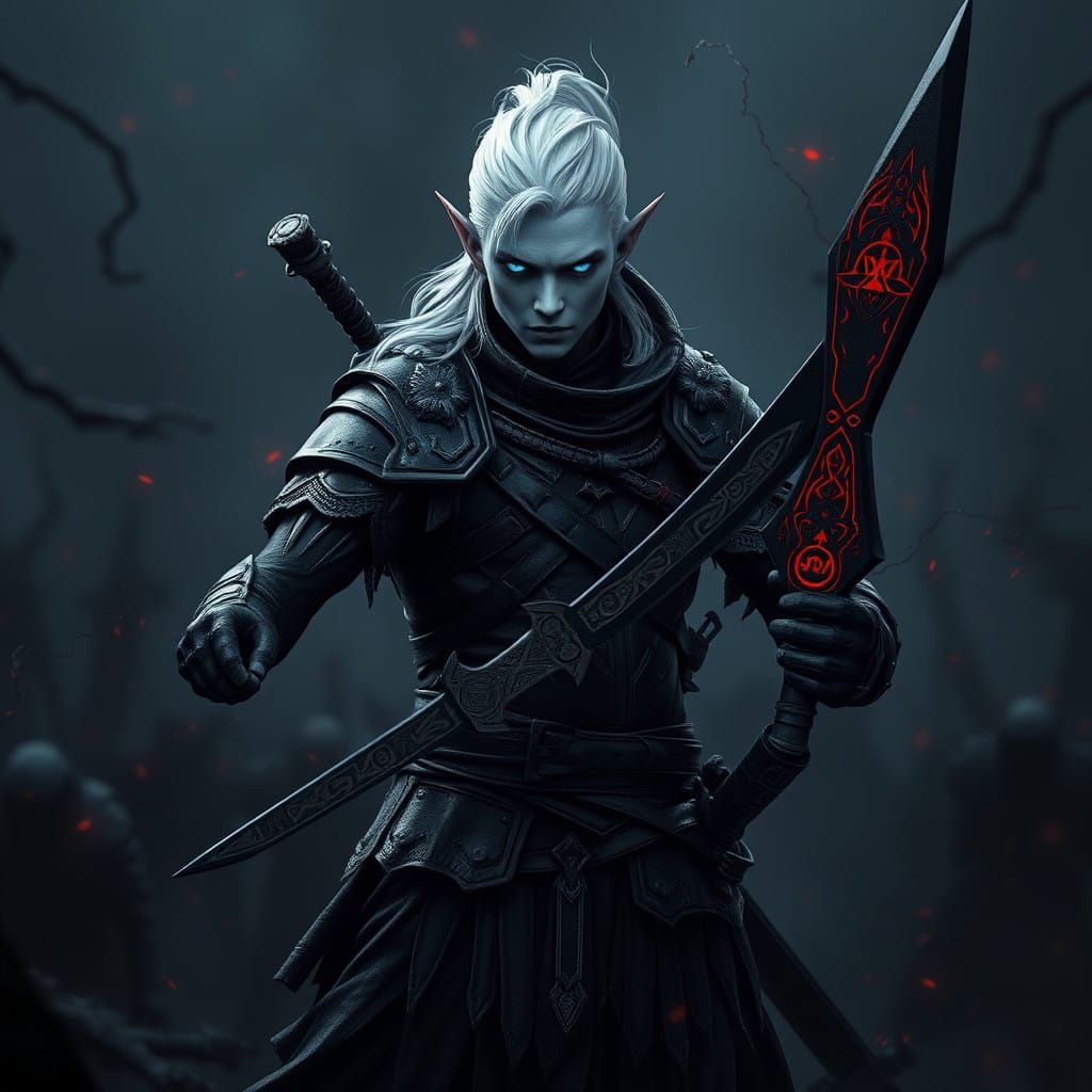 Dark Elf Warrior in Shadowy Landscape
