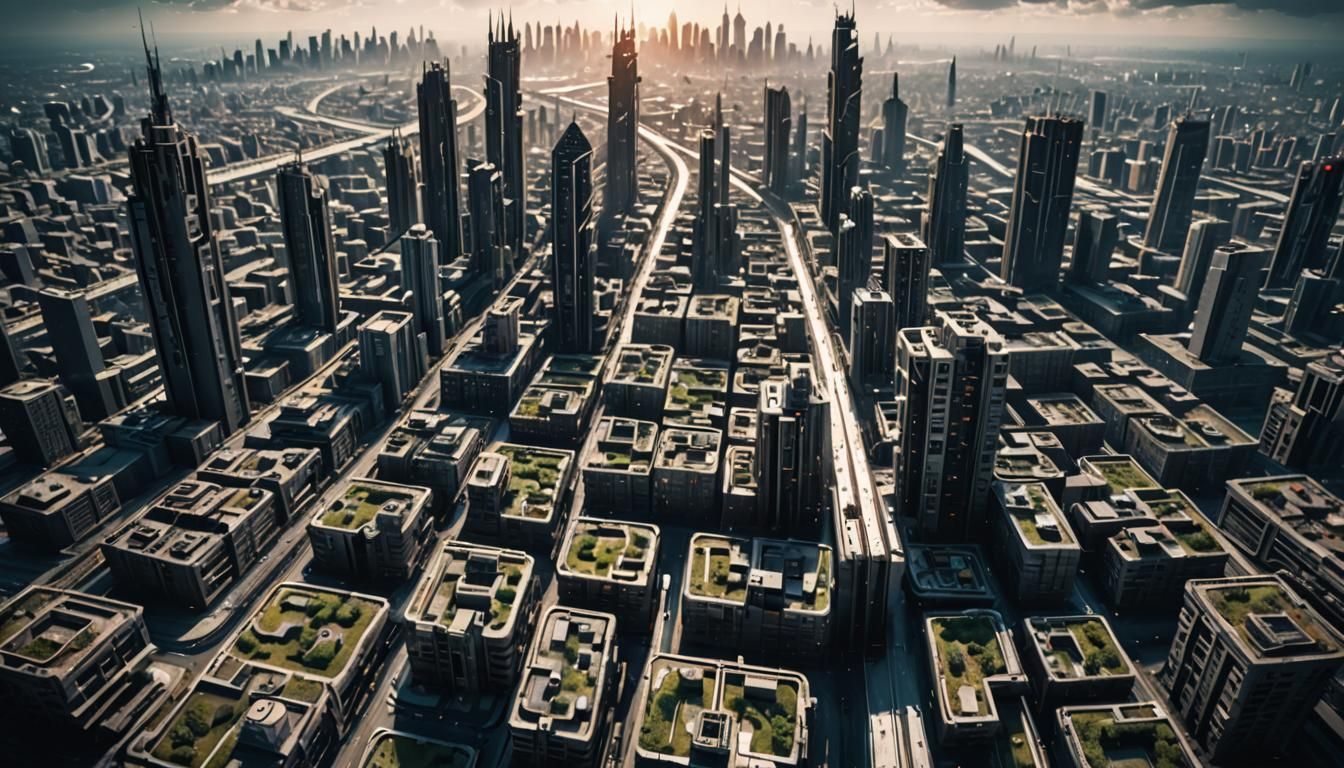 Dystopian Futuristic Cityscape Aerial View