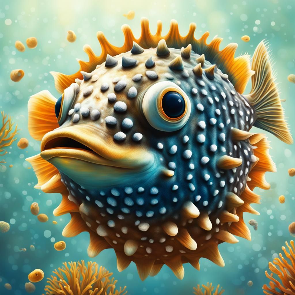 Hyperrealistic Pufferfish in Splash Art Style