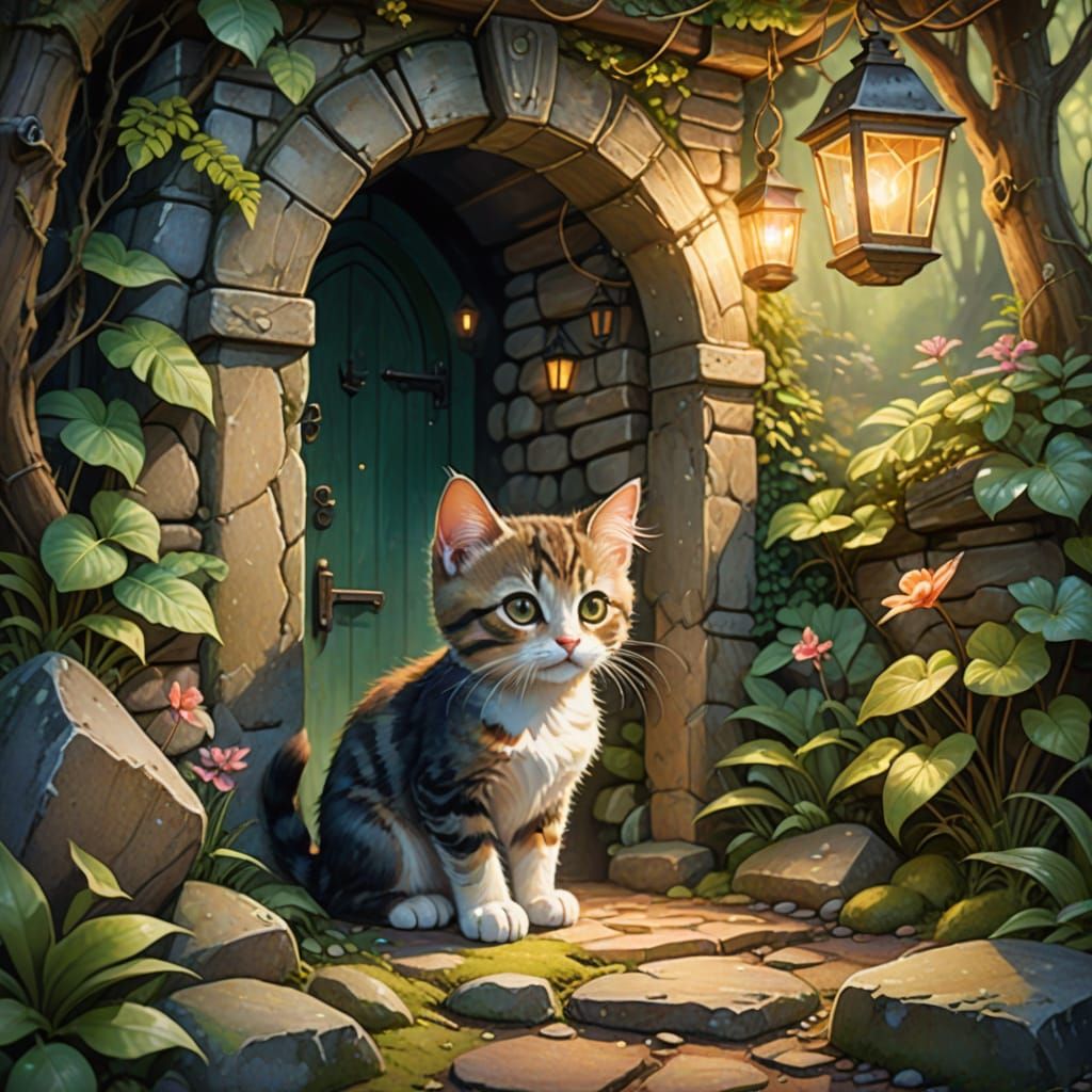 Enchanted Forest Cottage with Kitten, Watercolor Illustratio...