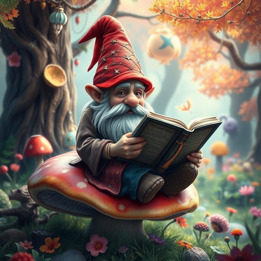 Gnome in Whimsical Fantasy Forest Reading Ancient Tome