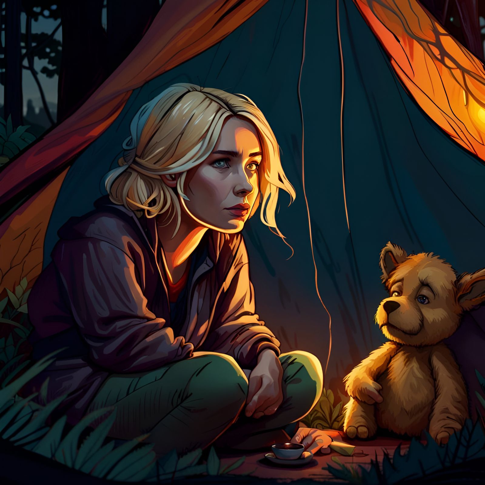 Sad Woman in Tent with Puppet, Comic Style