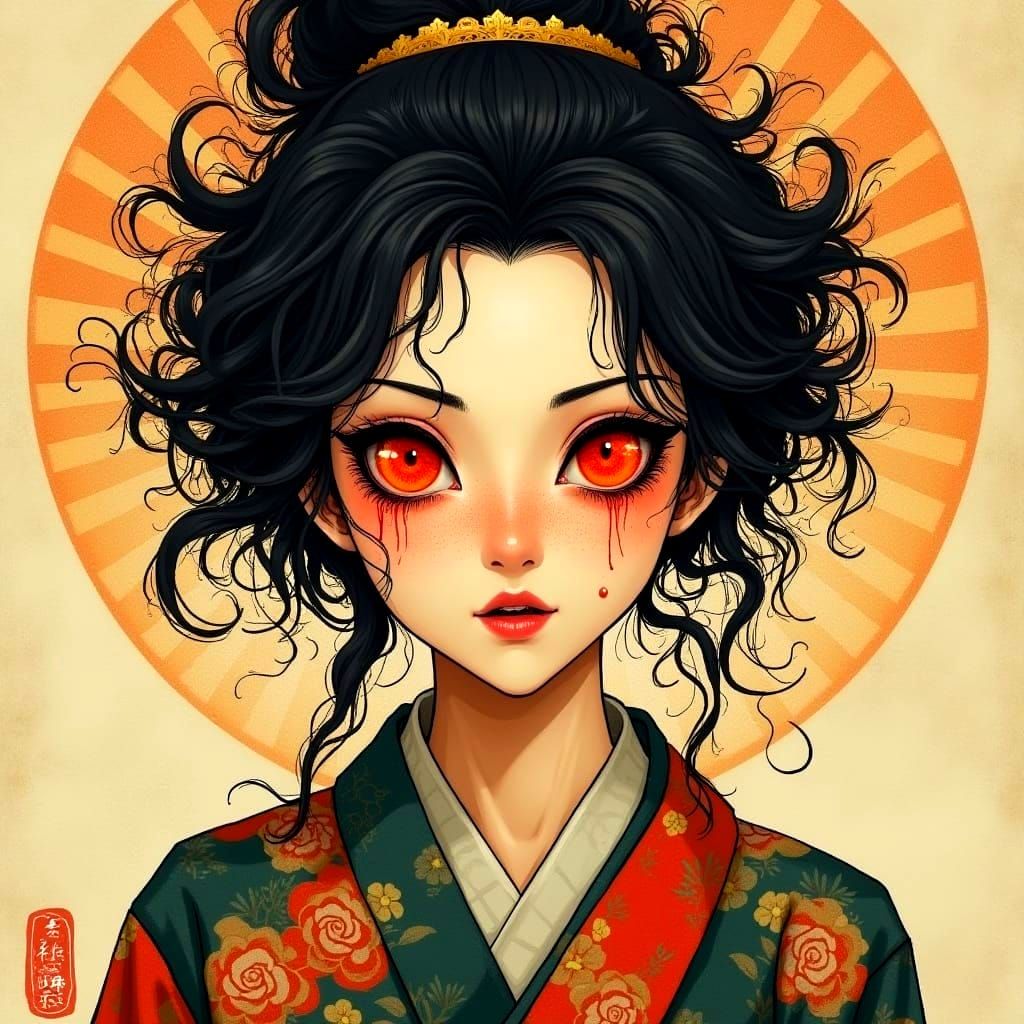 Surreal Japanese Yokai Woman with Hair Eyes
