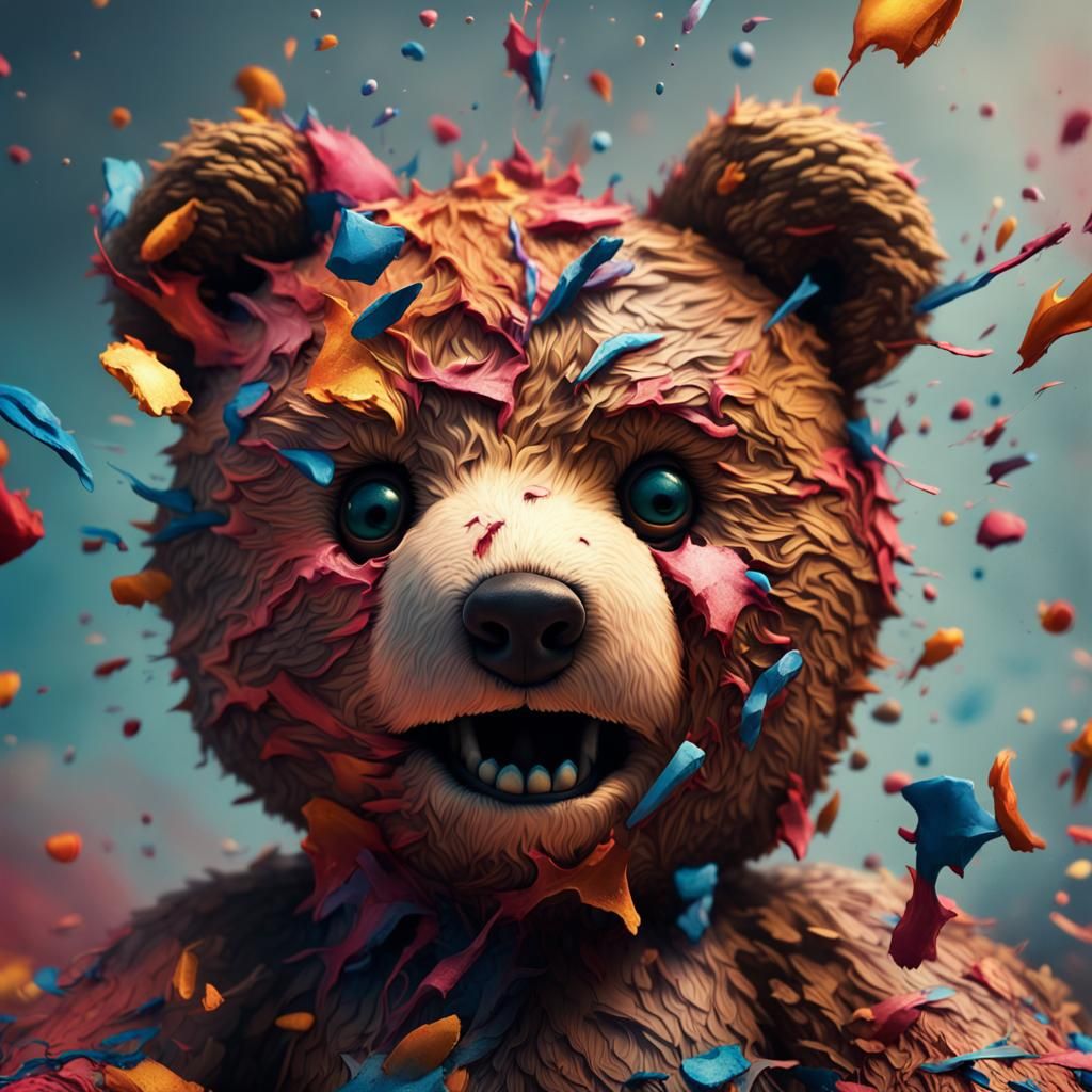 Teddy bear bursting apart at the seams as if an explosion ha...