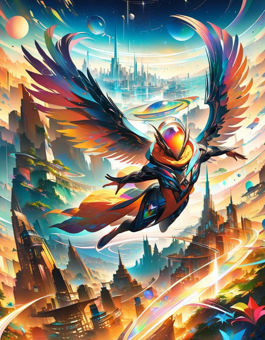 Alien with Bionic Wings Over Metropolis