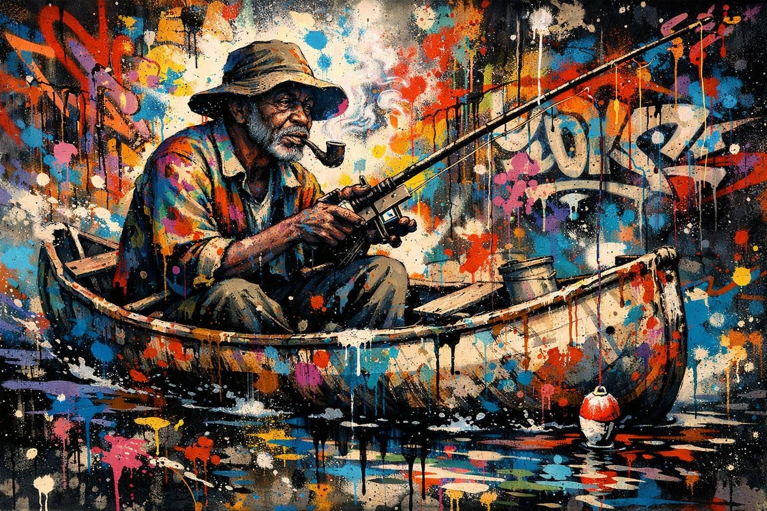 Man Fishing in Canoe, Vibrant Graffiti Art Style