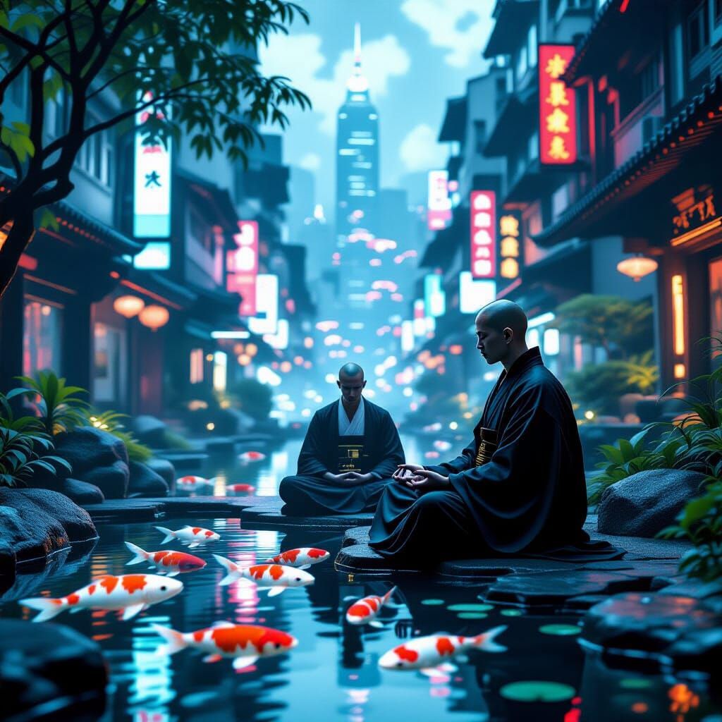 Cyberpunk Monk Meditates in Hong Kong Garden