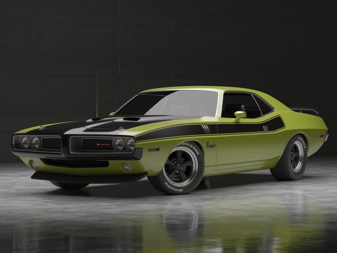 Vintage Lime Green HEMI Pony Car in Classic Garage