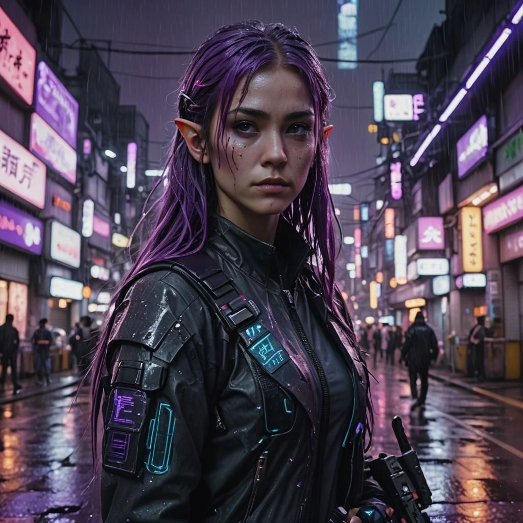 Cyberpunk Elf Netrunner in Rainy Tokyo Street