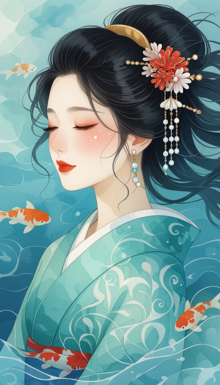 Japanese Woman Portrait in Watercolor Style