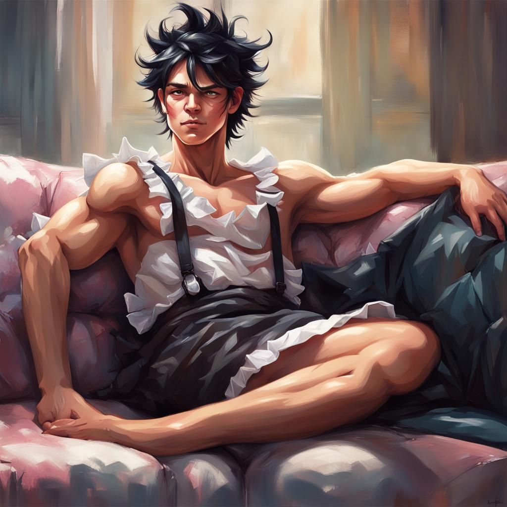 Mischievous Boy in Maid Dress, Hyperrealistic Splash Art