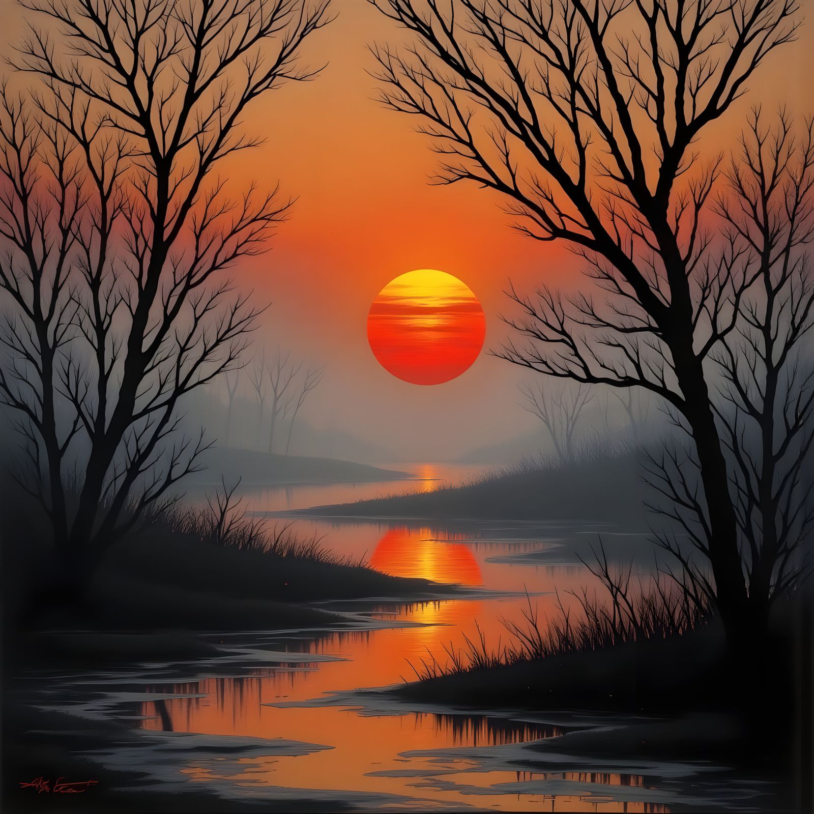 Surreal Orange Sunset Over Foggy Everglades