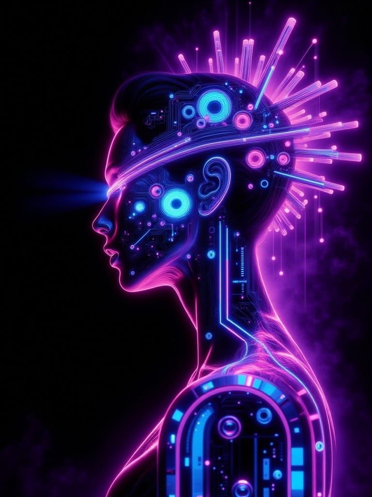 Cyberpunk Silhouette Merges with Neon Digital Network