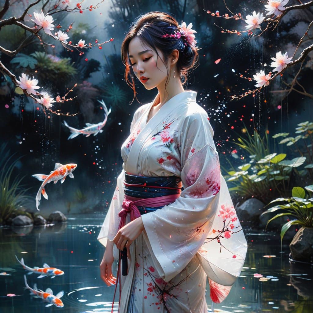 Celestial Japanese Lady by Koi Pond in Watercolor Style