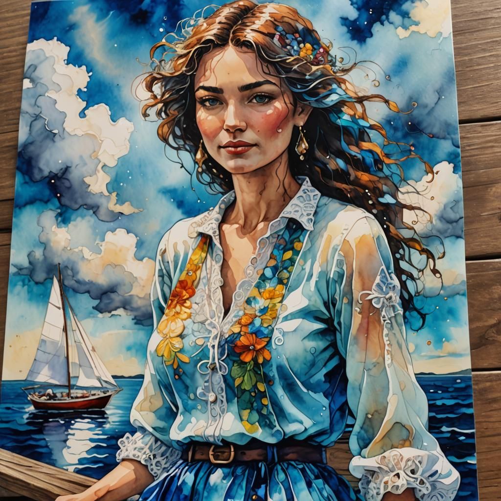 Woman on Sailboat with Postcard: Alcohol Ink Art