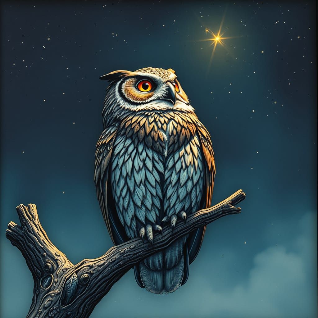 A metal engraving of a stunning owl perched on a sturdy branch, gazing up at the starry sky. The owl's feathers are scul...