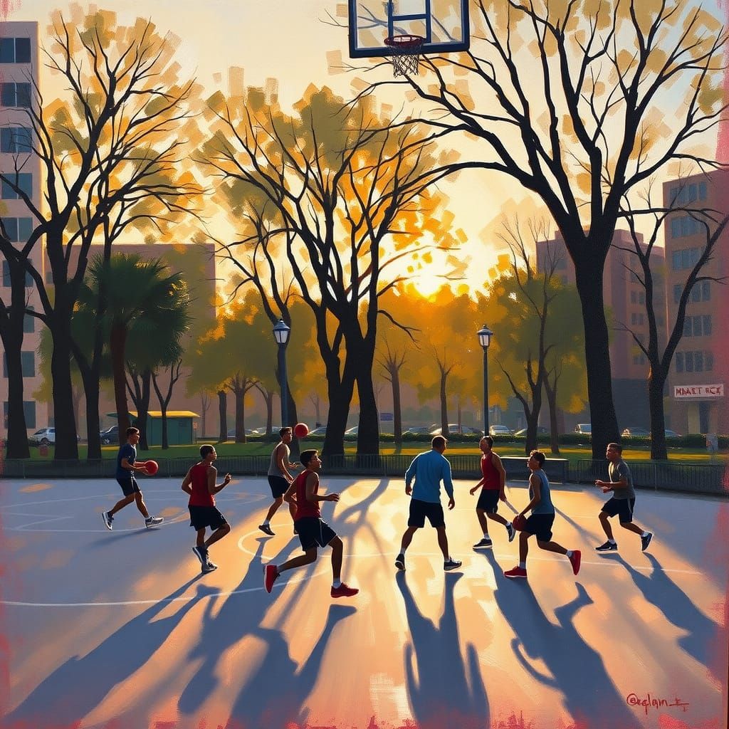 Impressionist Sunset Basketball Game in Park