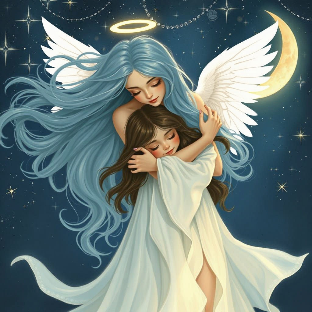 Enchanted Goddess Comforting a Child Under Stars