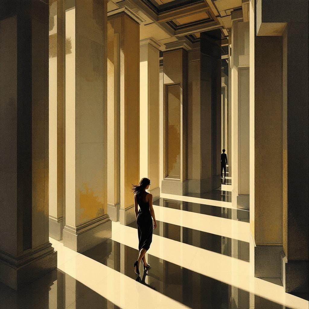 Art Deco Woman on Quiet Street, Geometric Style