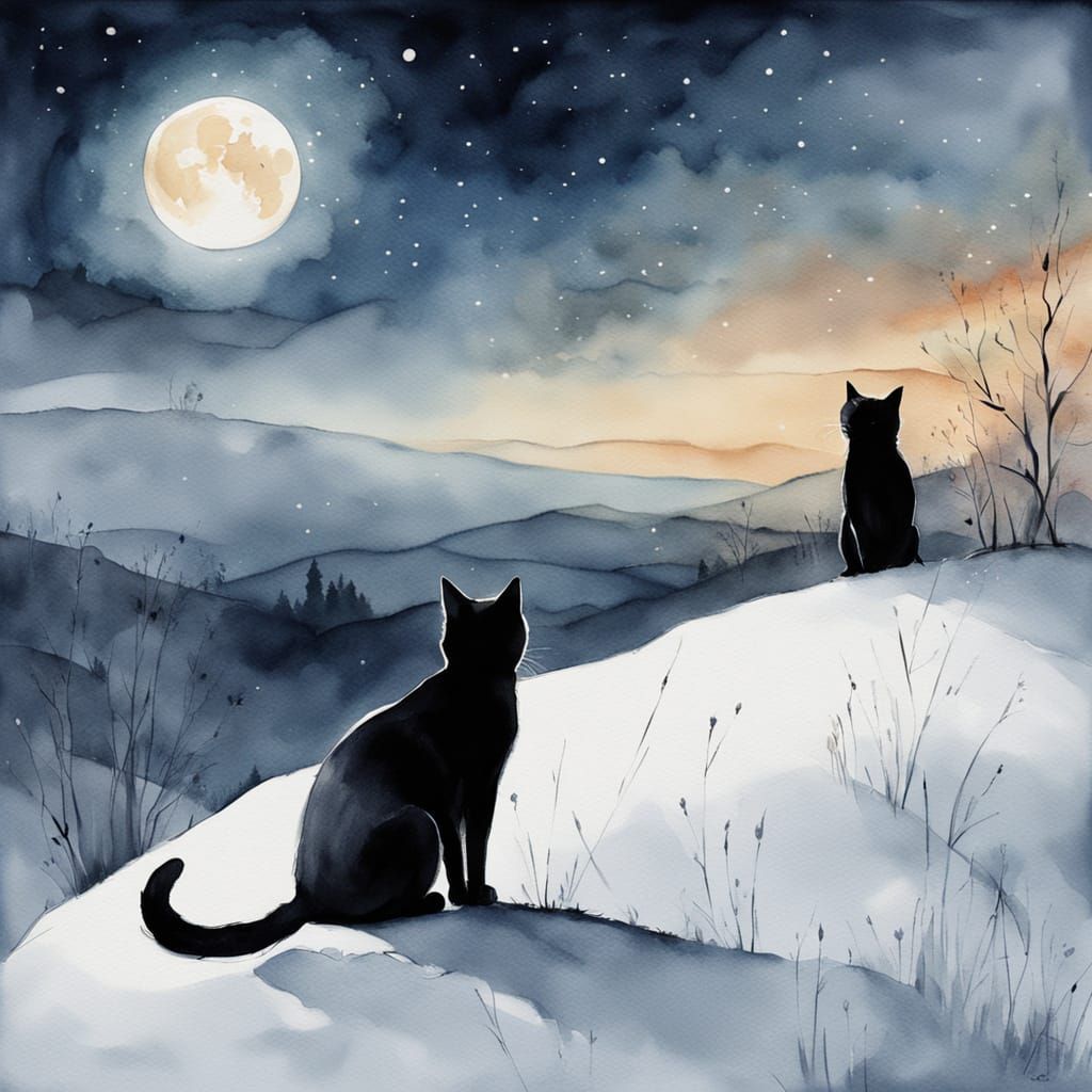 Two Black Cats Under a Glowing Moon, Watercolor Style