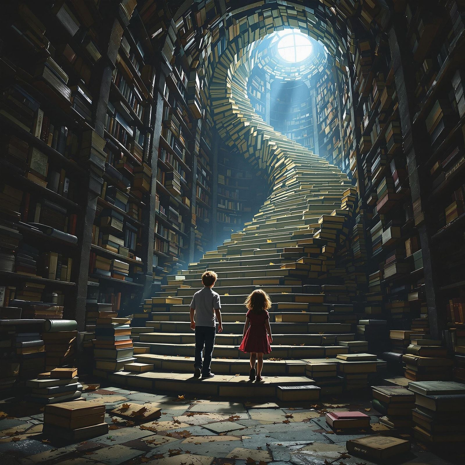 Magical Stairway of Books in Abandoned Library