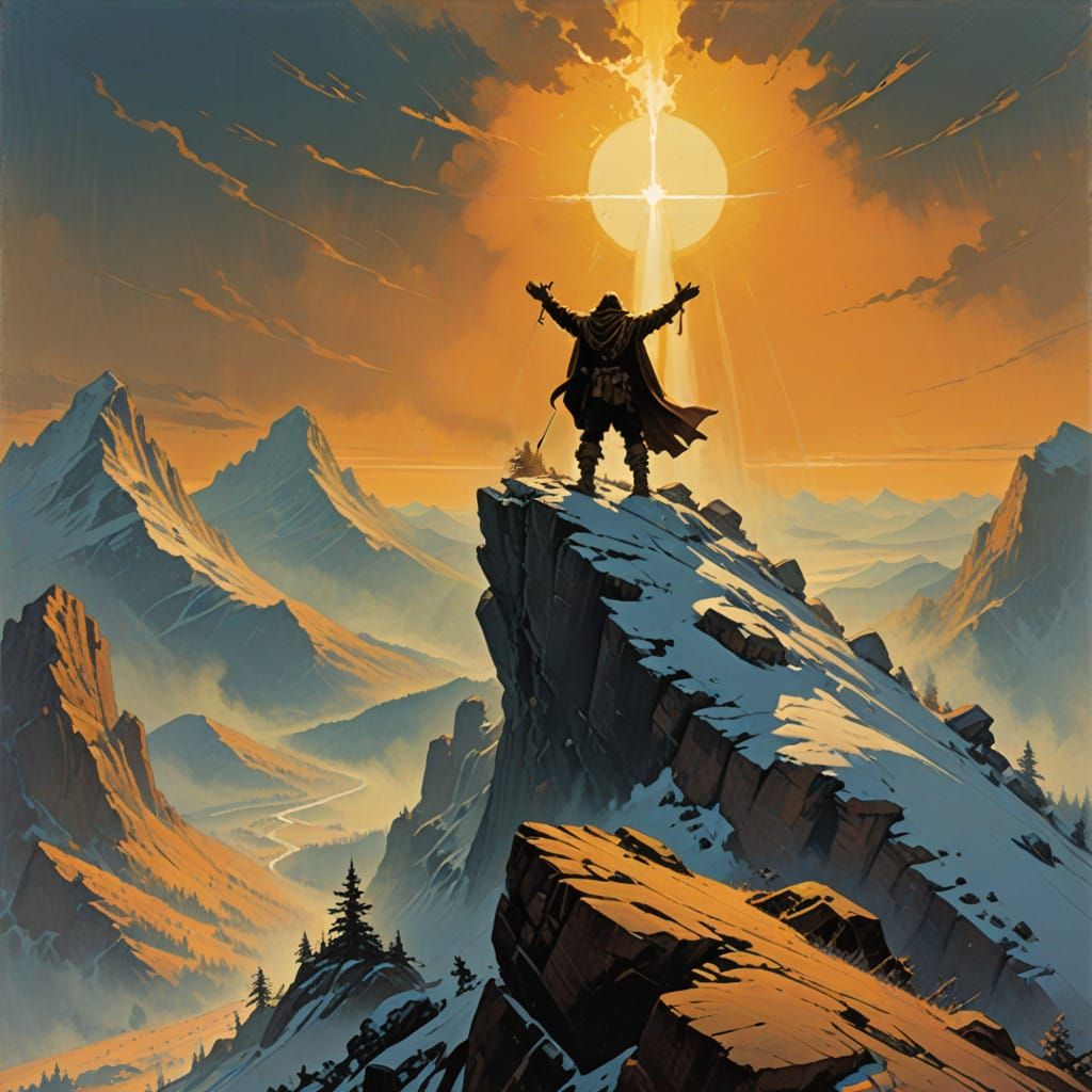 Heroic Figure Dominates the Misty Mountain Peak