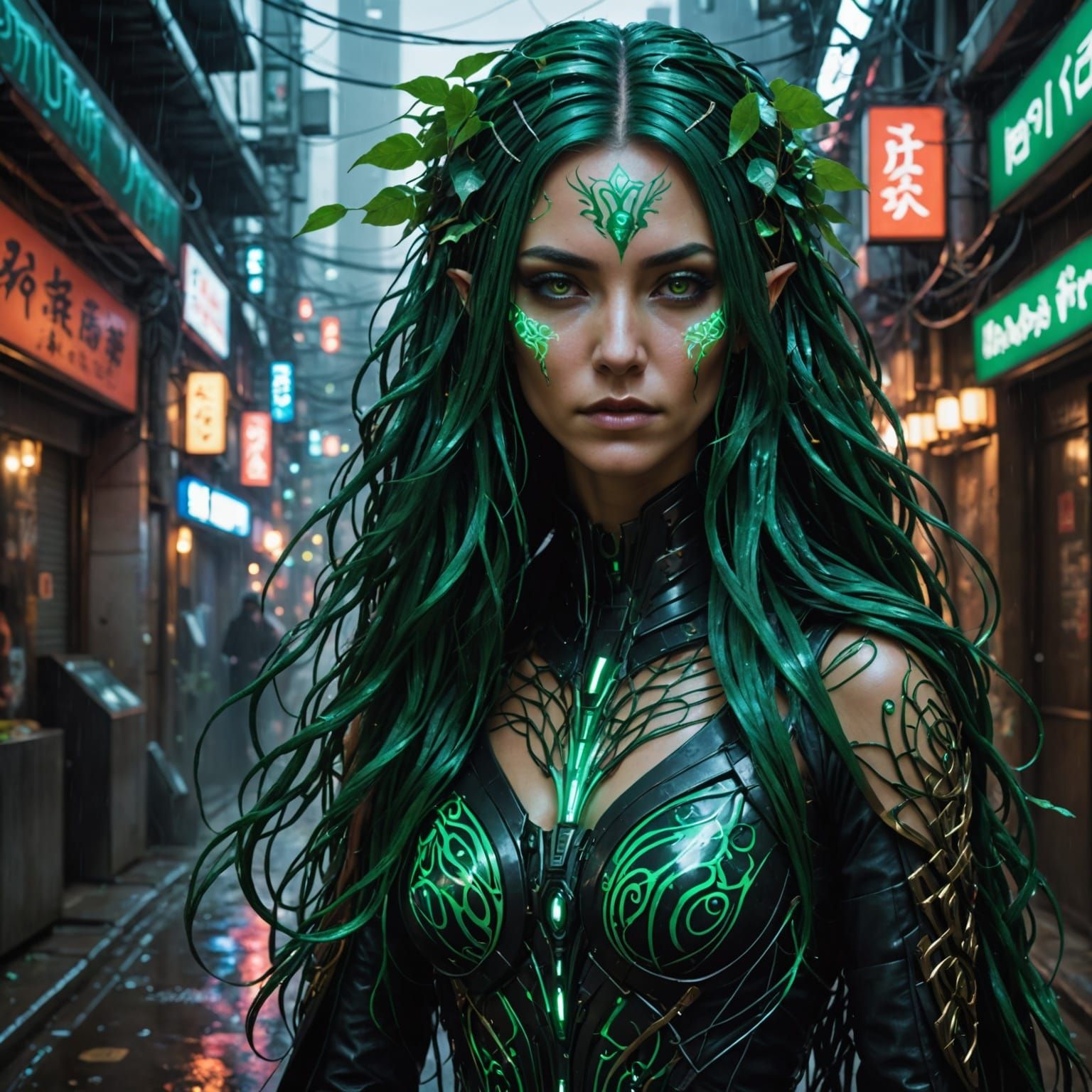Cyberpunk Druidess Portrait in Neo-Kyoto Alleyway