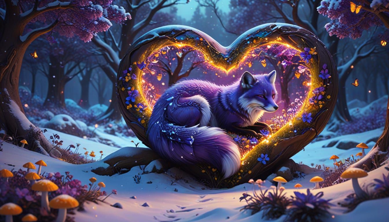 Surrealistic Dreamworld: Purple Arctic Fox in a Melting Hear...