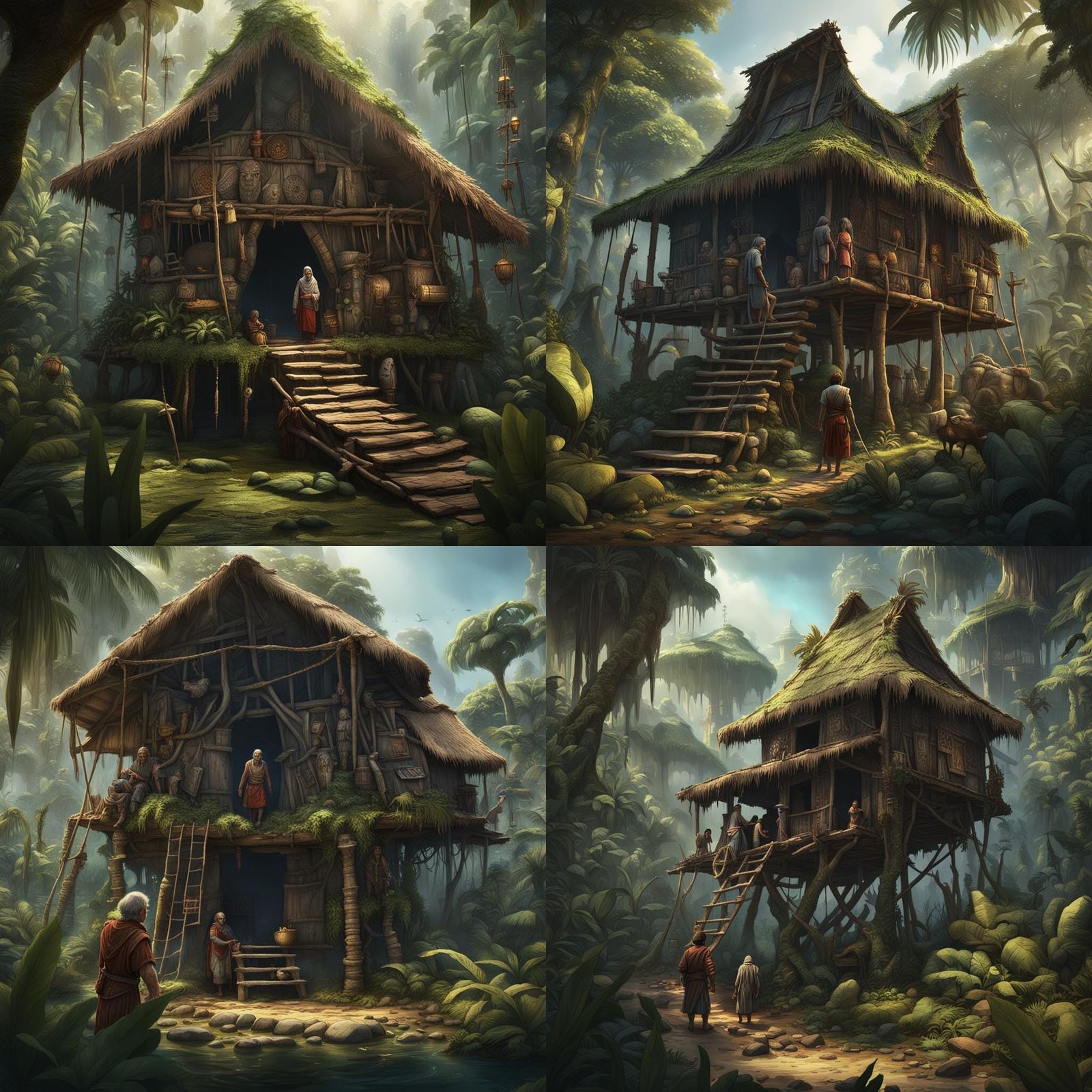 Jungle Tribe Visits Stilt House: Detailed Matte Painting