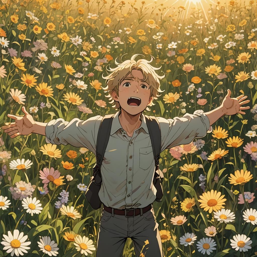 Distraught Man Screaming in Flower Field, Ghibli Style
