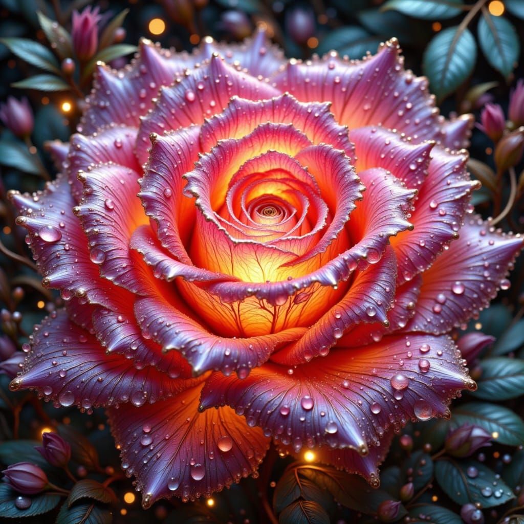 Glowing Transparent Rose with Gold Filigree, Macro Photograp...