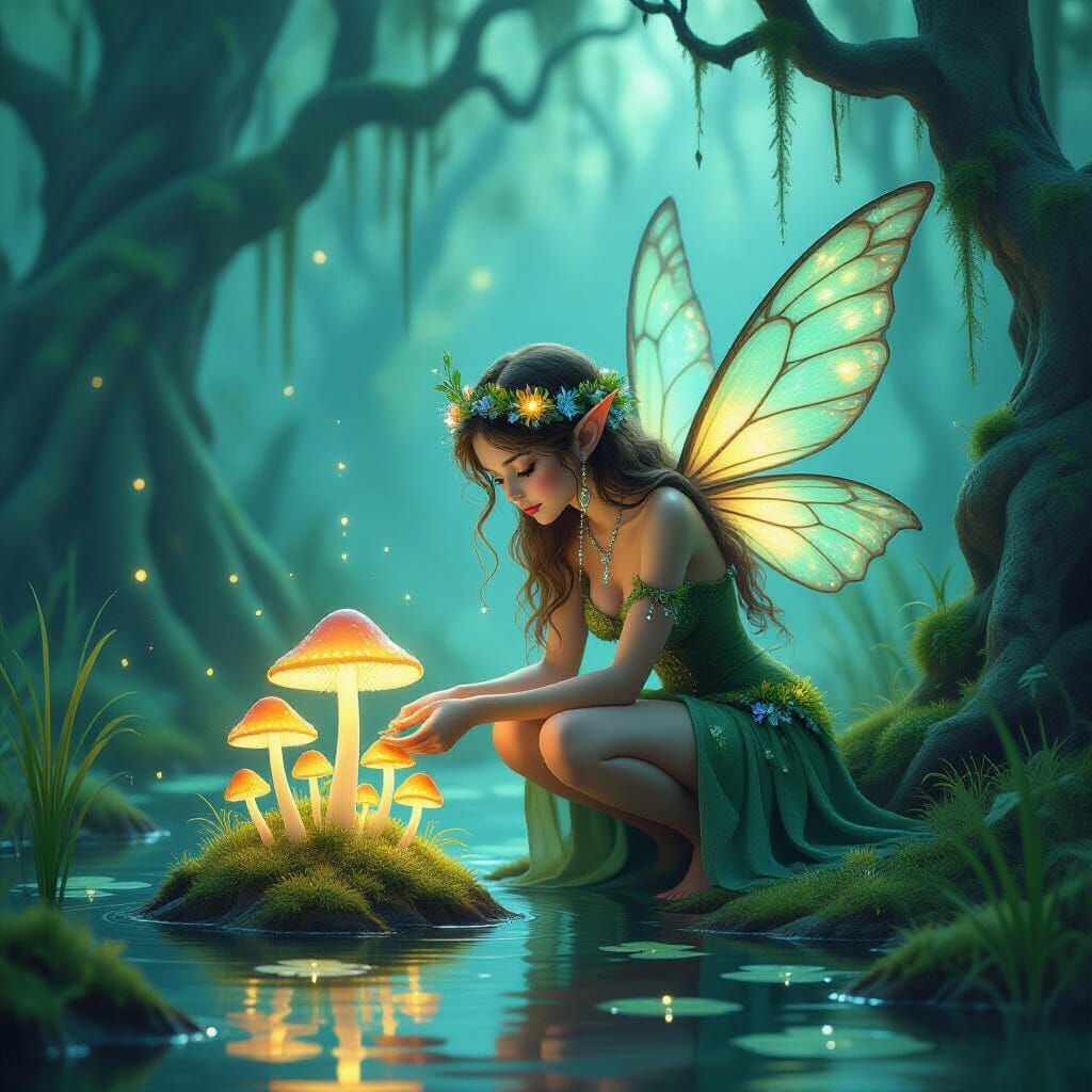 Enchanted Swamp Fairy Tends Glowing Mushrooms in Misty Marsh