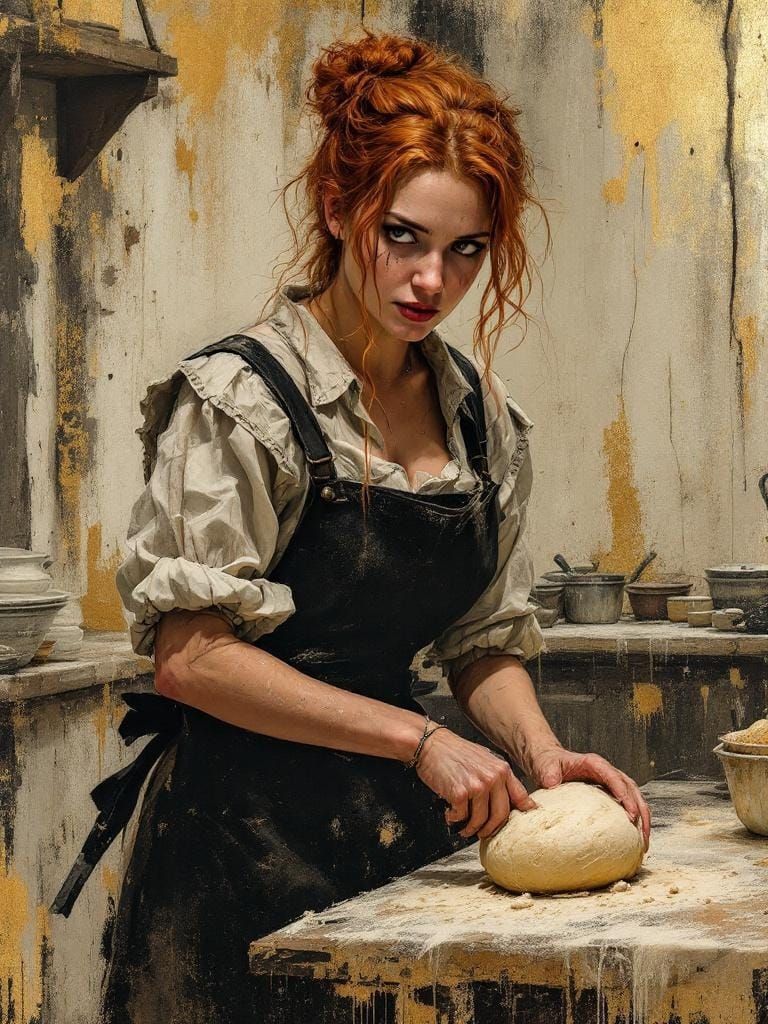 Redhead Baker in Film Noir Style With Distressed Patina