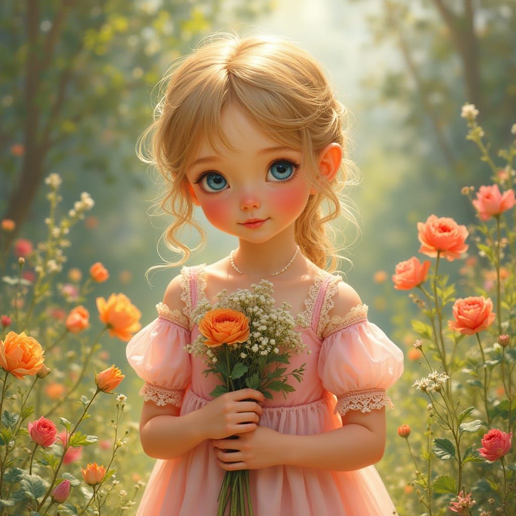 Delicate Young Girl in Rose Petal Pink Dress Holding Fresh F...