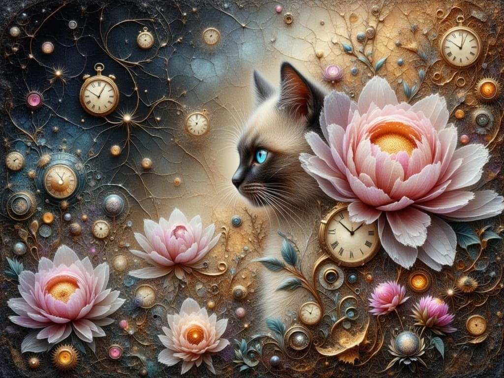 Siamese Cat and Peony in Fractal Lace Watercolor