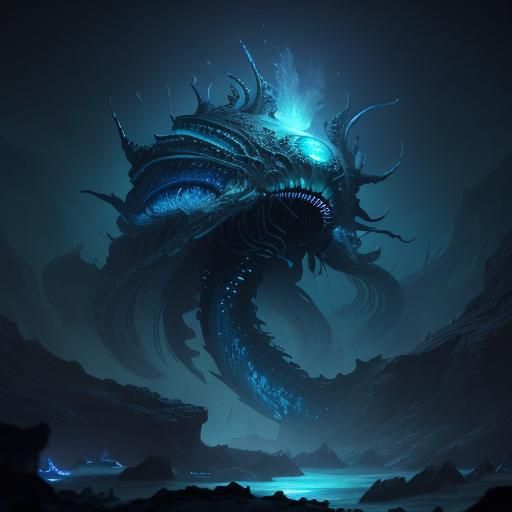 Bioluminescent Serpent in Deep Ocean Abyss