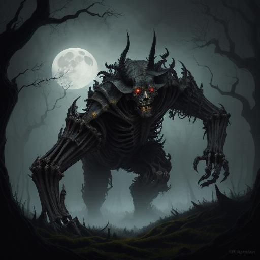 Grotesque Creature in Eerie Forest, Dark Surrealism