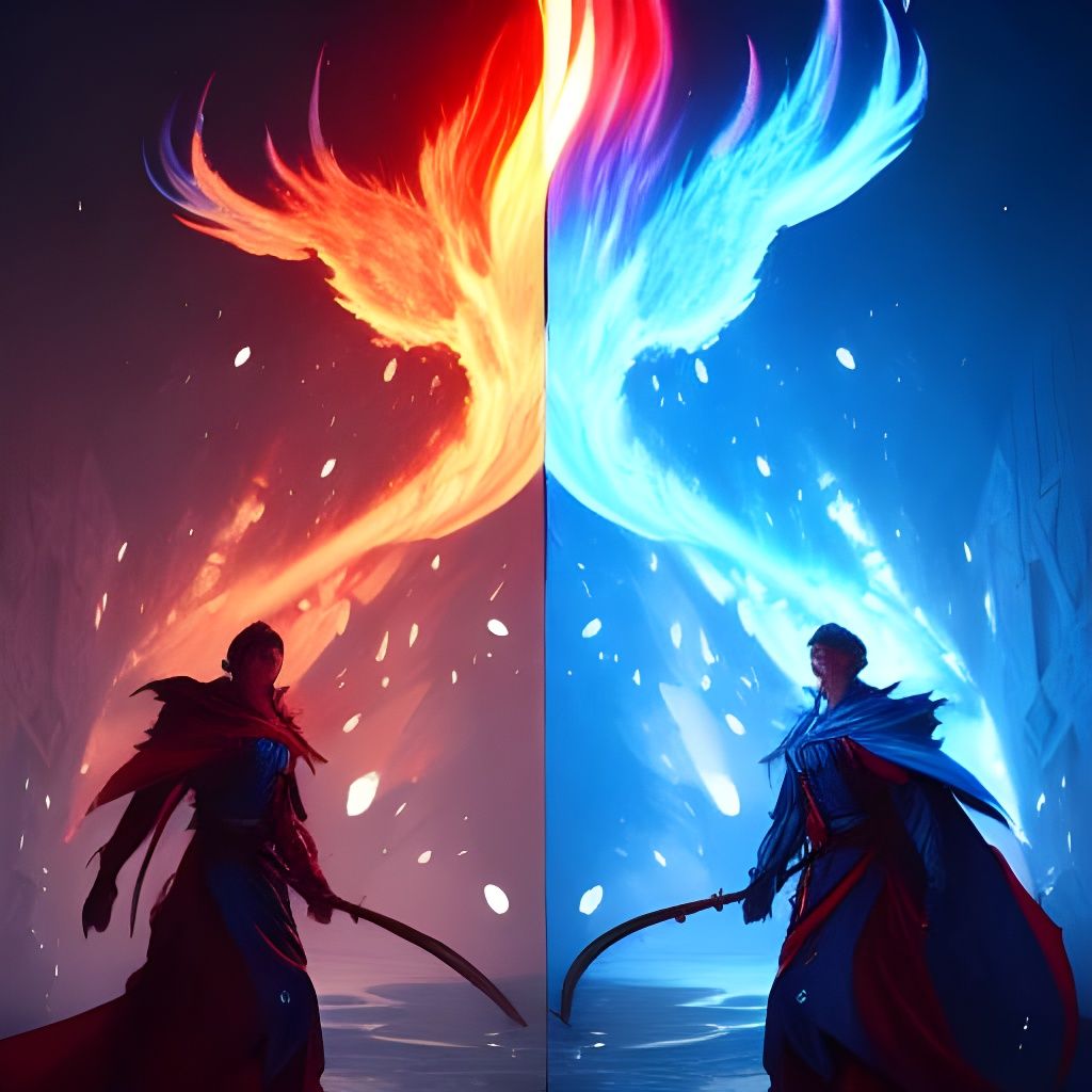 Epic Fire vs Water Magic Duel in Dark Fantasy Style
