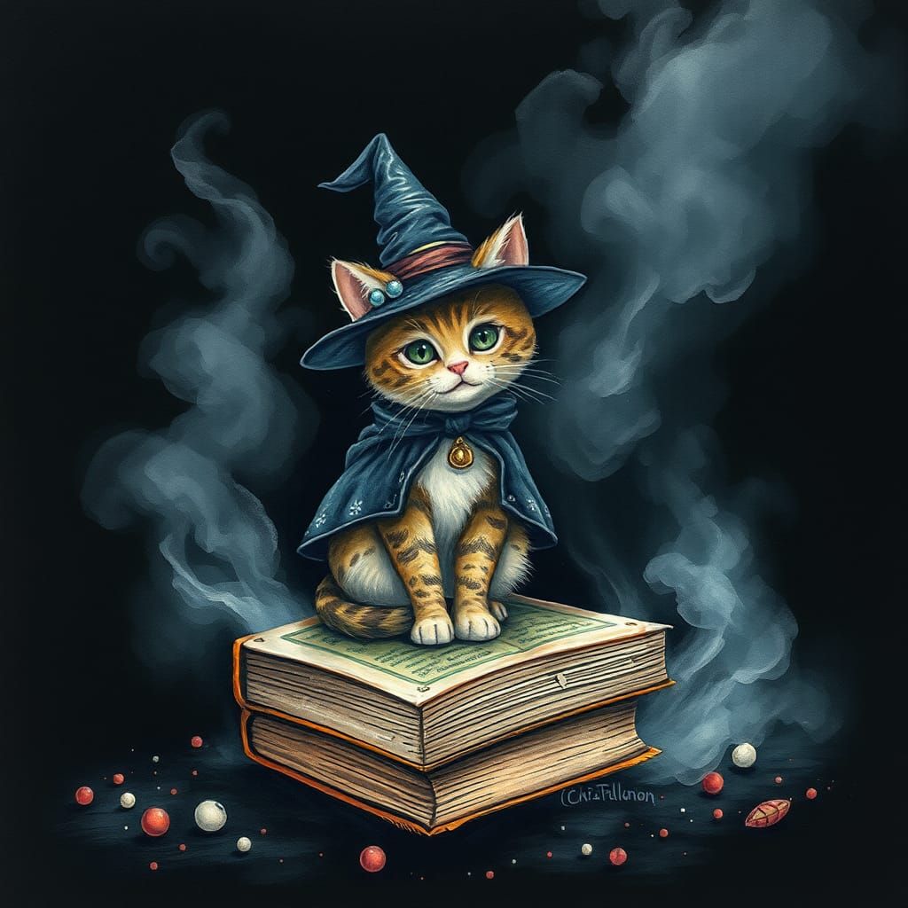 Whimsical Witch Cat on Ancient Tome