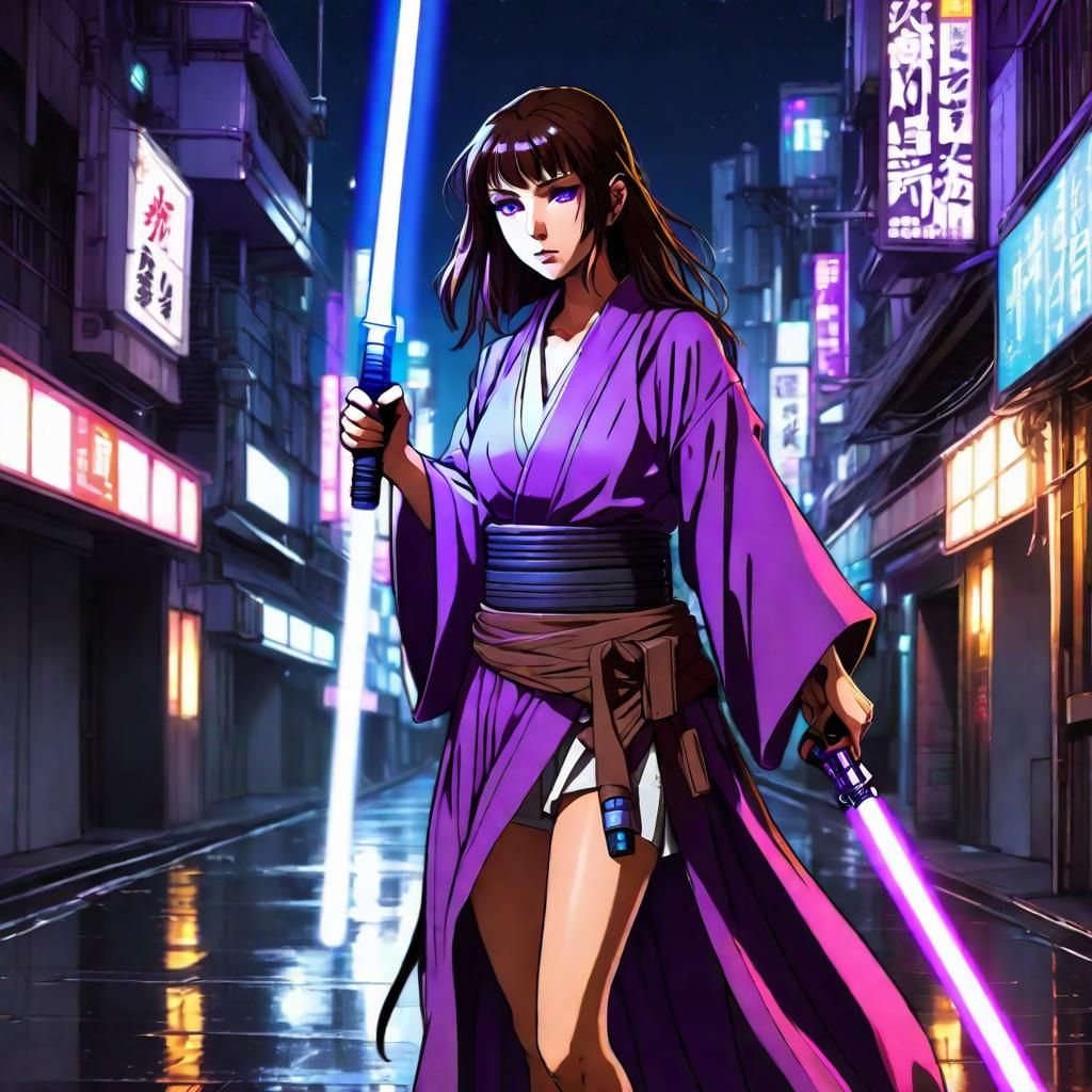 Cyberpunk Jedi with Purple Lightsaber in Anime Style