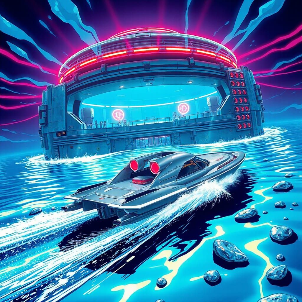 Electric Blue Futuristic Underwater Research Station in Acti...