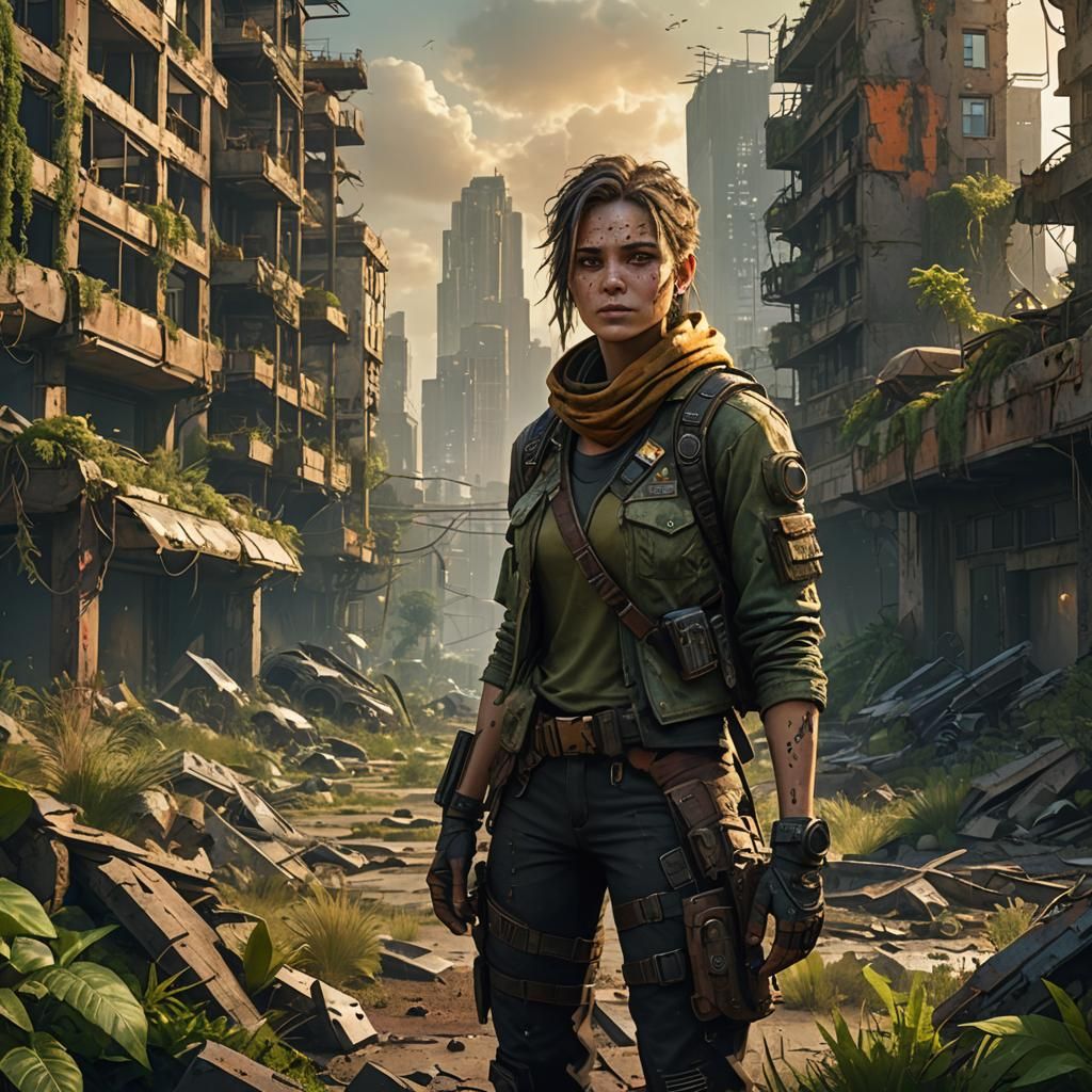 Bioengineered Survivor in Post-Apocalyptic Cityscape