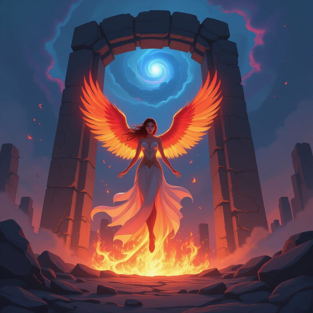 Phoenix Woman Rises from Ashes in Alien Landscape