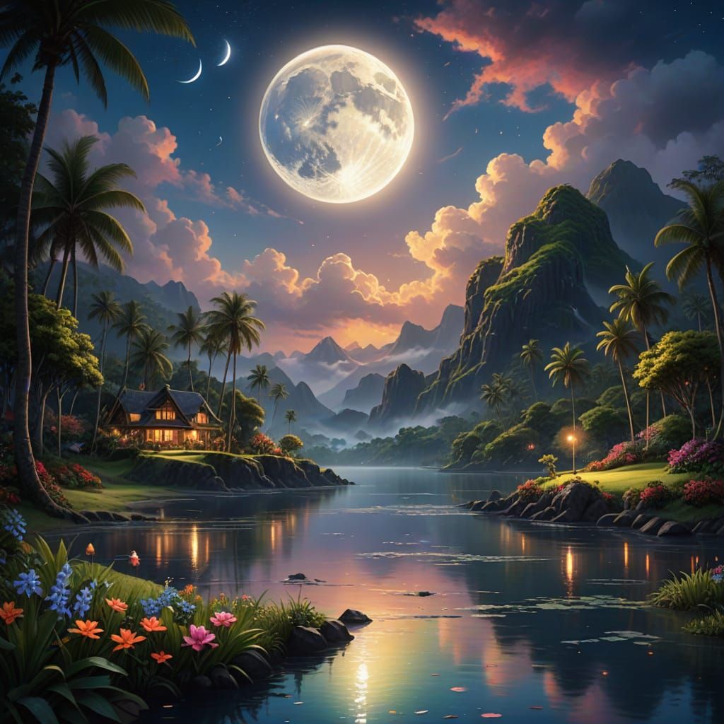 Ethereal Moonlit Hawaiian Isle in Dreamy, Vibrant Colors