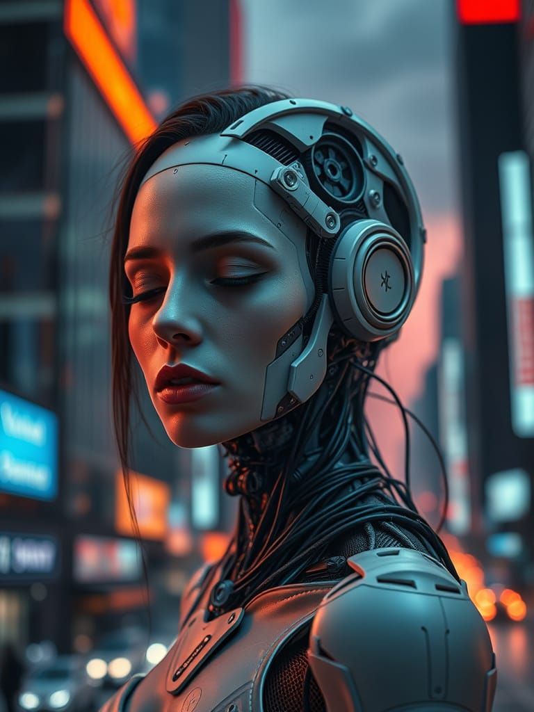 Melancholic Cyborg Woman in Neon Cityscape