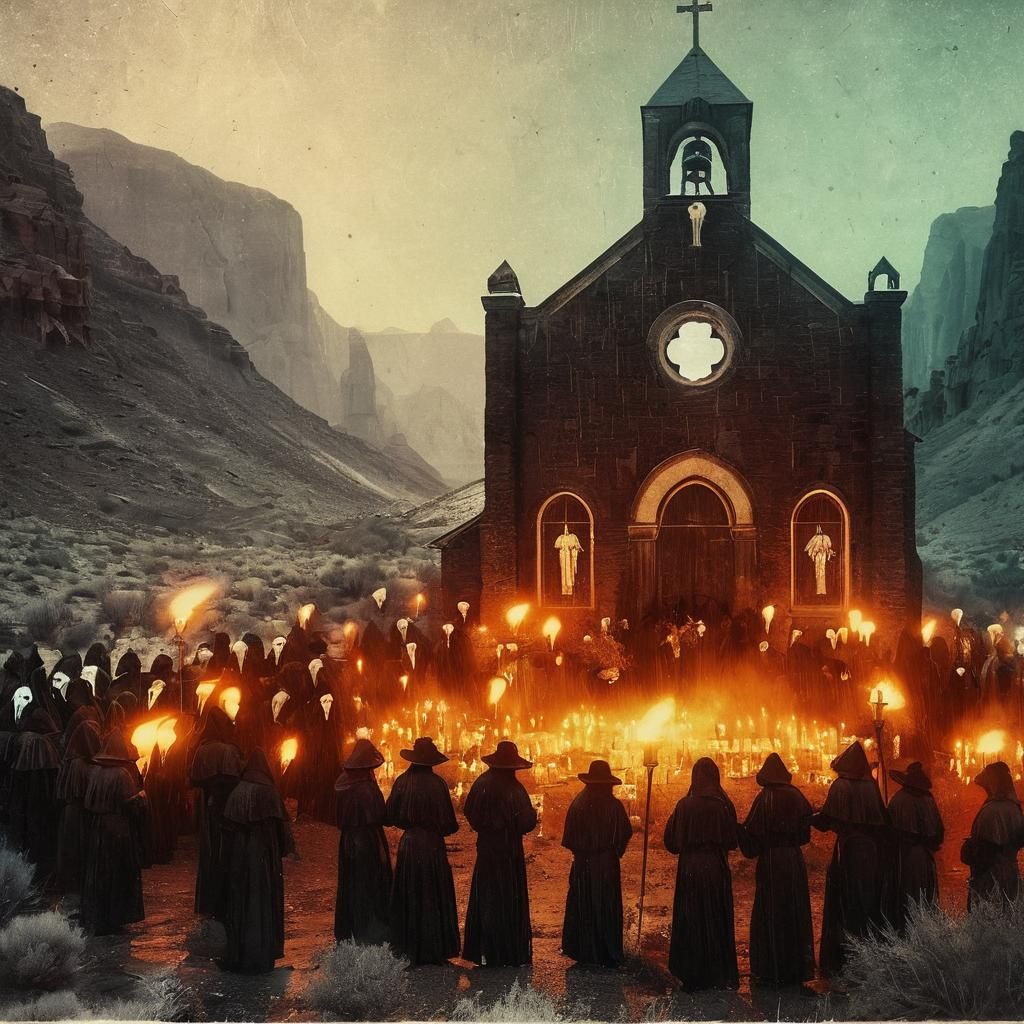 Ominous Hooded Figures in Desert Canyon Church