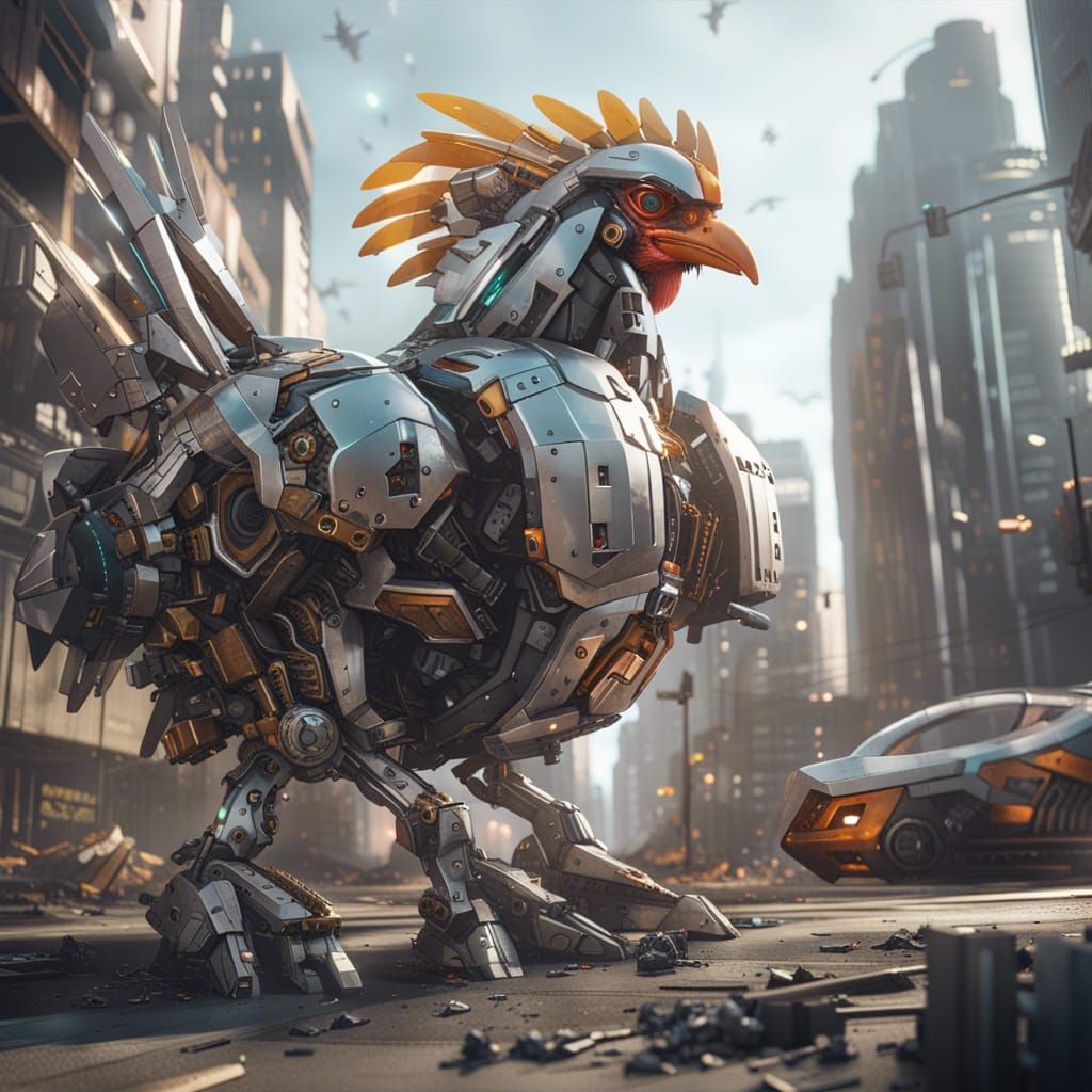 Giant Mech Chicken Destroys City in Sci-Fi Style